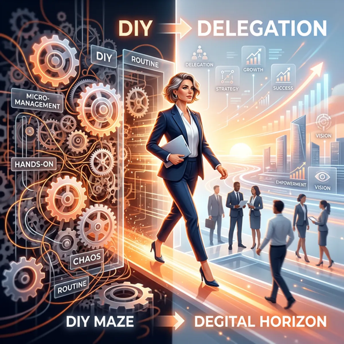 A focused CEO evaluating business metrics, symbolizing the shift from worker to leader