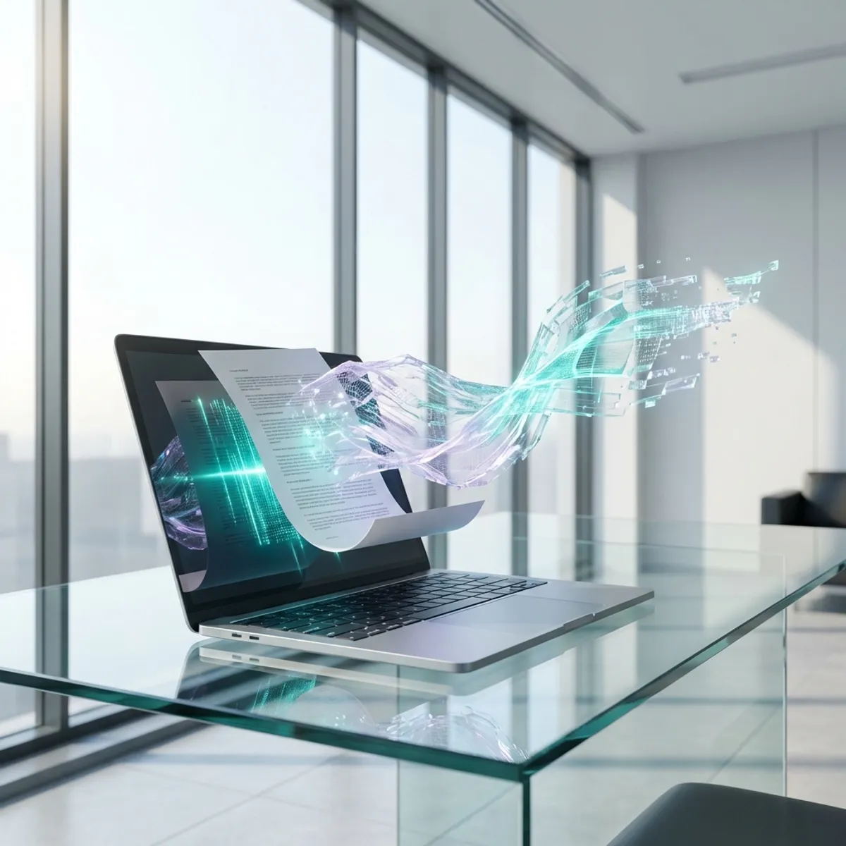 Translucent 3D document transforming into digital data streams symbolizing automation