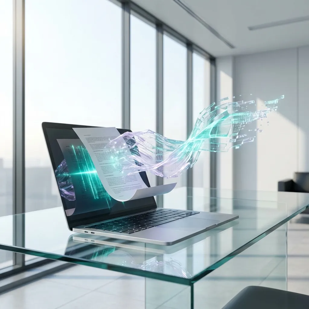 Translucent 3D document transforming into digital data streams symbolizing automation