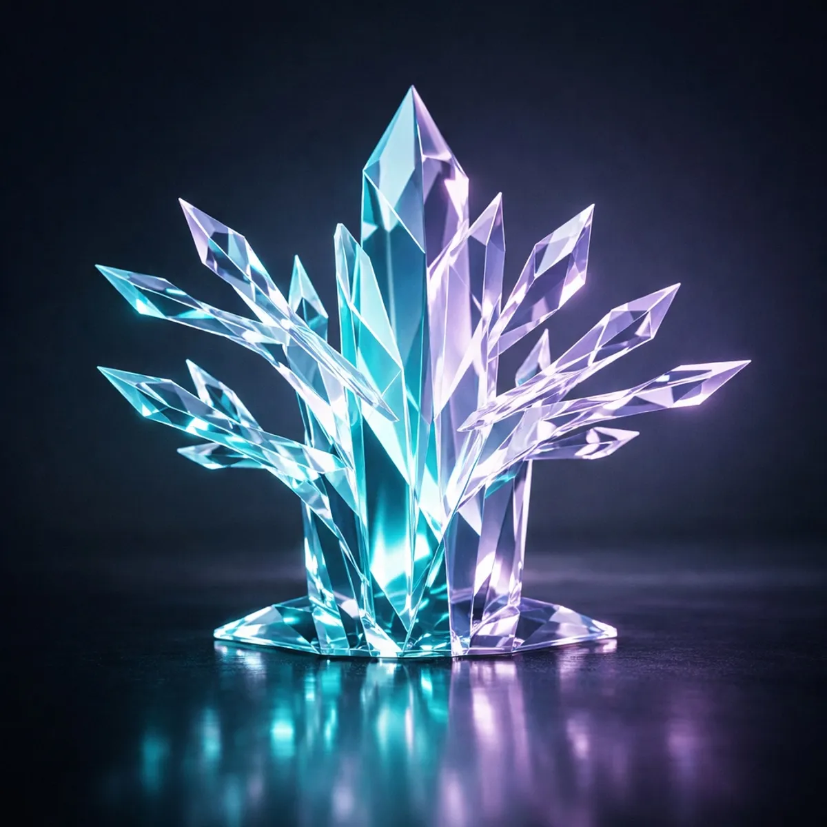 A beautiful growing crystalline tree made of clear glass with teal and lilac inner light
