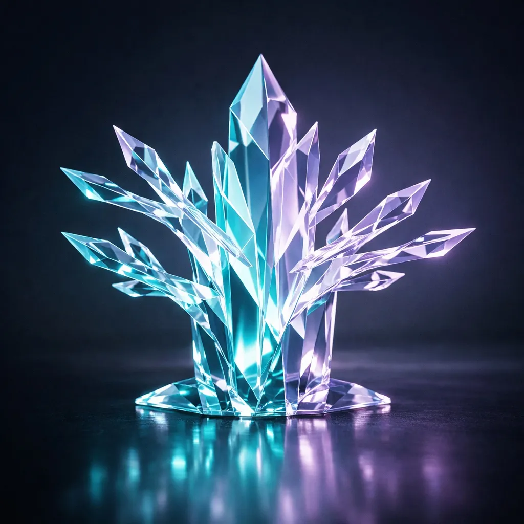 A beautiful growing crystalline tree made of clear glass with teal and lilac inner light