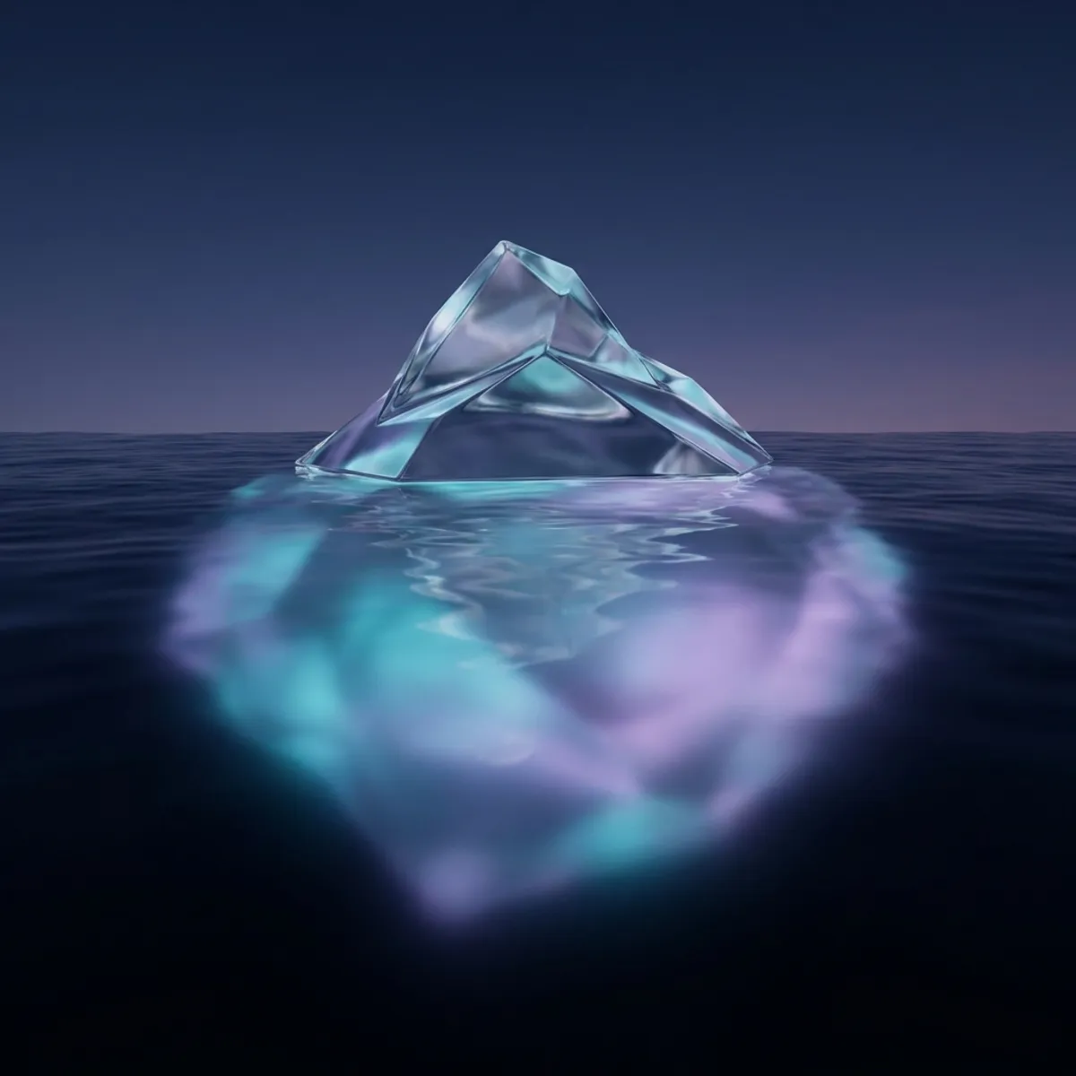 Minimalist glass iceberg floating in dark water representing hidden business costs