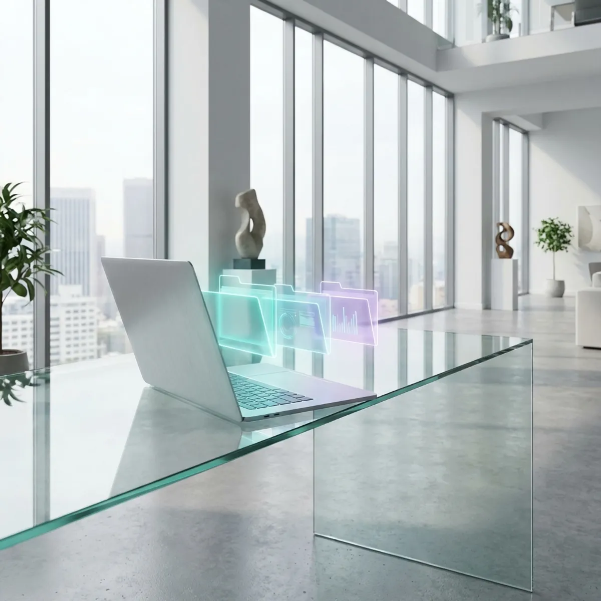 Glowing 3D holographic folders above a laptop representing digital organization