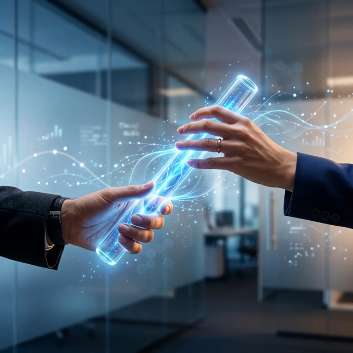 A peaceful holiday landscape with a focused, calm professional, representing business freedom