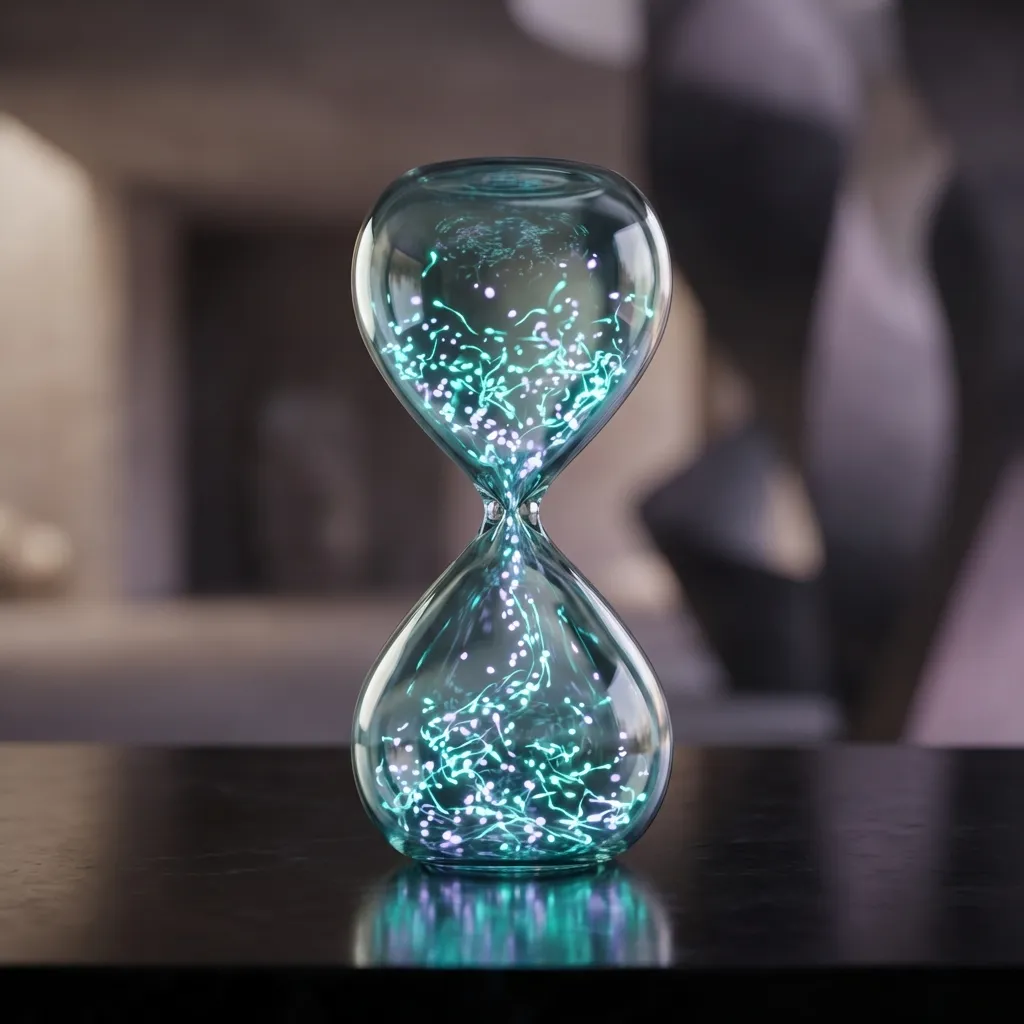 Elegant 3D glass hourglass with glowing teal particles symbolizing the value of time