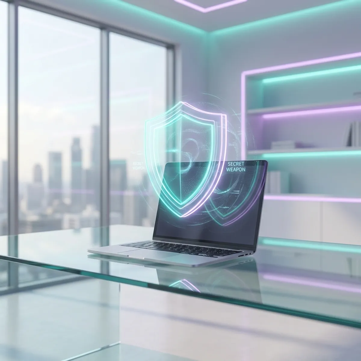 Minimalist glowing 3D shield icon on a sleek desk symbolizing business efficiency