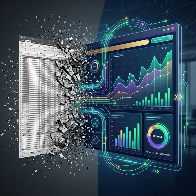A complex spreadsheet being transformed into a sleek automated dashboard