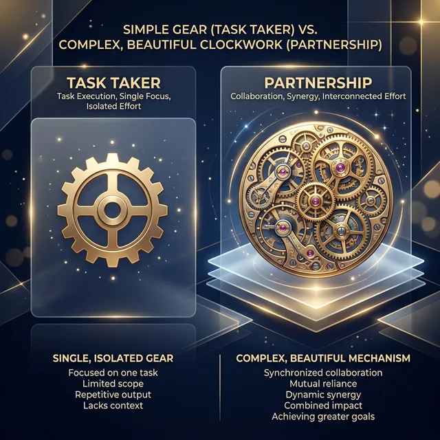 Two interlocking gears representing strategic partnership and synergy