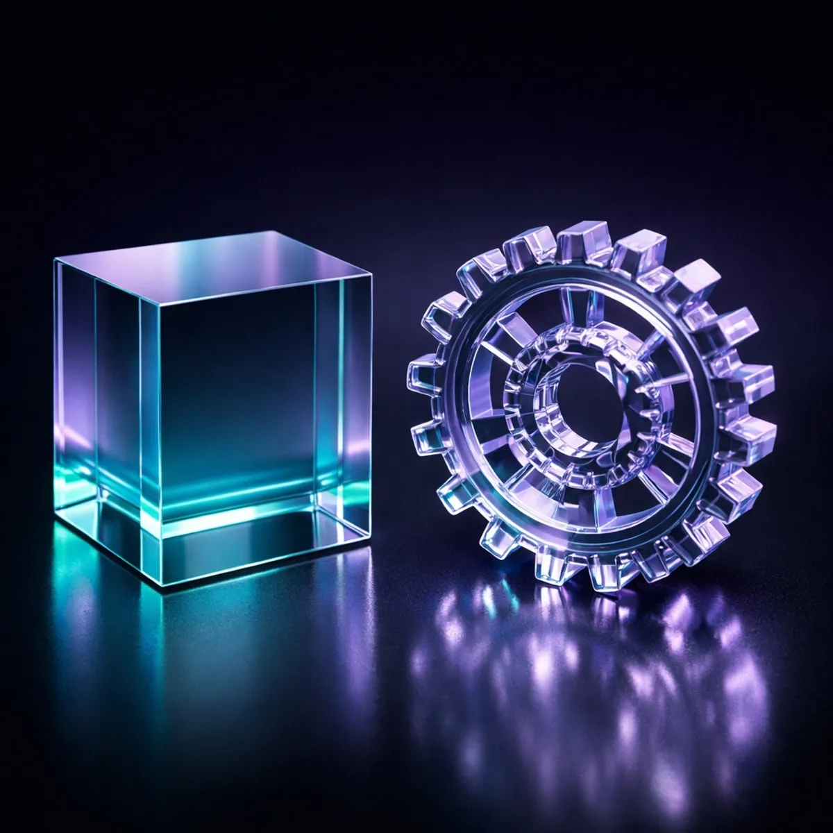A clear glass cube next to a complex glass gear reflecting teal and purple light