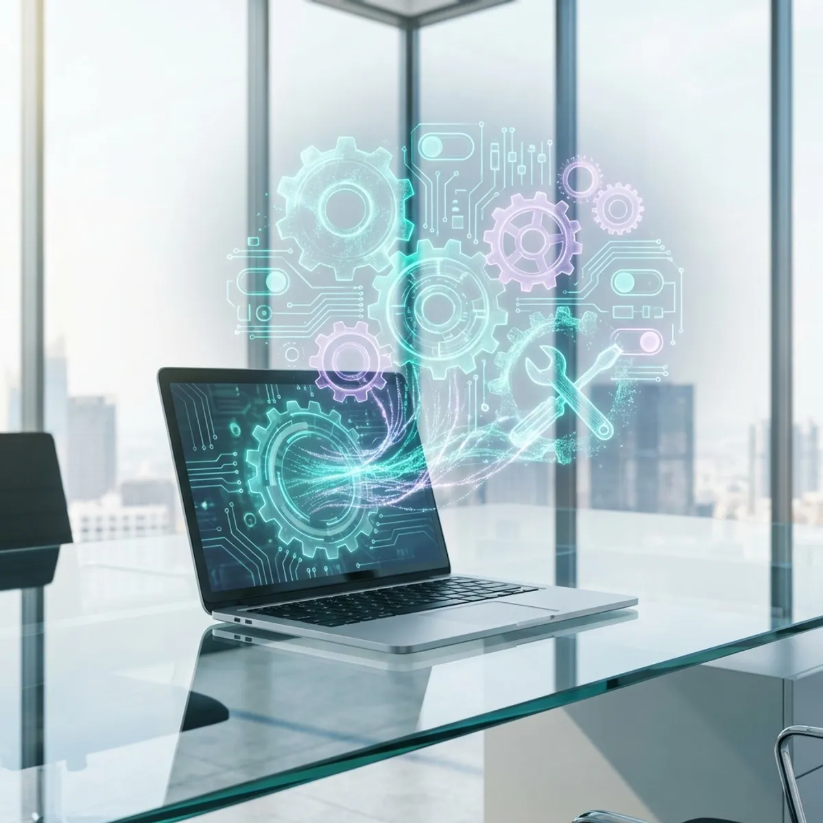 Holographic gears and tools above a laptop representing a technical virtual assistant