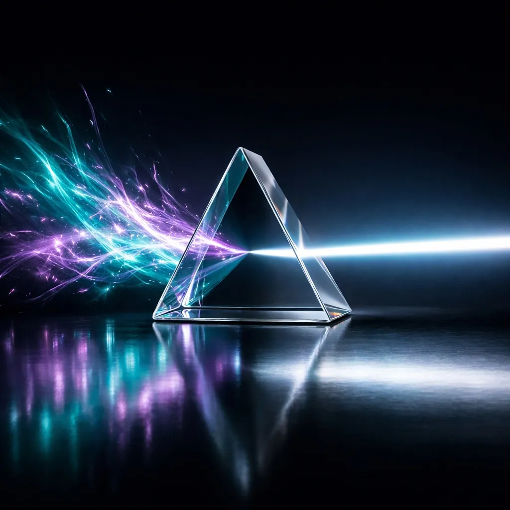 A 3D glass prism refracting a beam of white light into spectral streamers of teal and purple