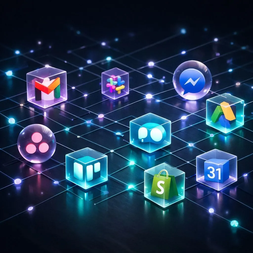 A high-tech digital grid featuring various business software icons (Gmail, Slack, Asana, etc.) encased in glowing glass cubes and spheres