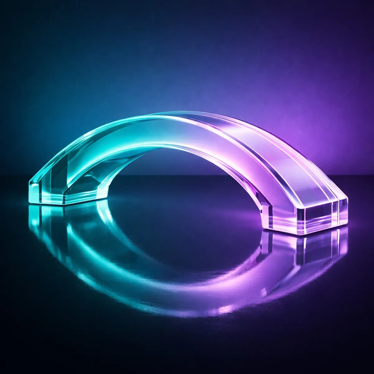 An elegant glass arch bridge connecting two dark surfaces with glowing neon internal reflections