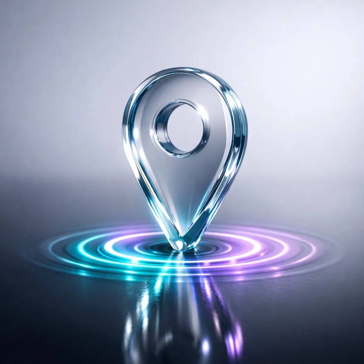 A minimalist glass map pin floating over concentric glowing teal and lilac circles