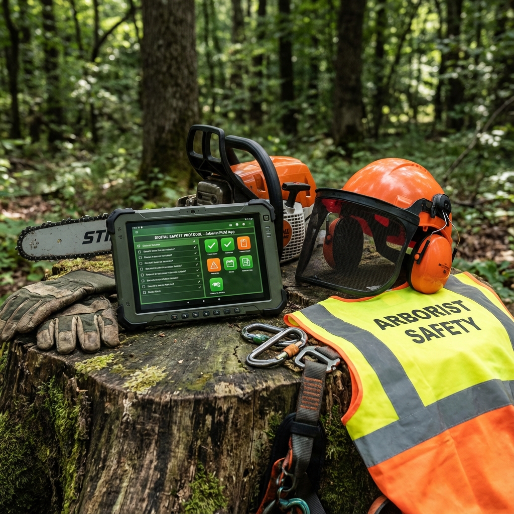 Rugged tablet in an outdoor forest setting displaying a digital safety checklist app, resting on a tree stump next to an arborist helmet.
