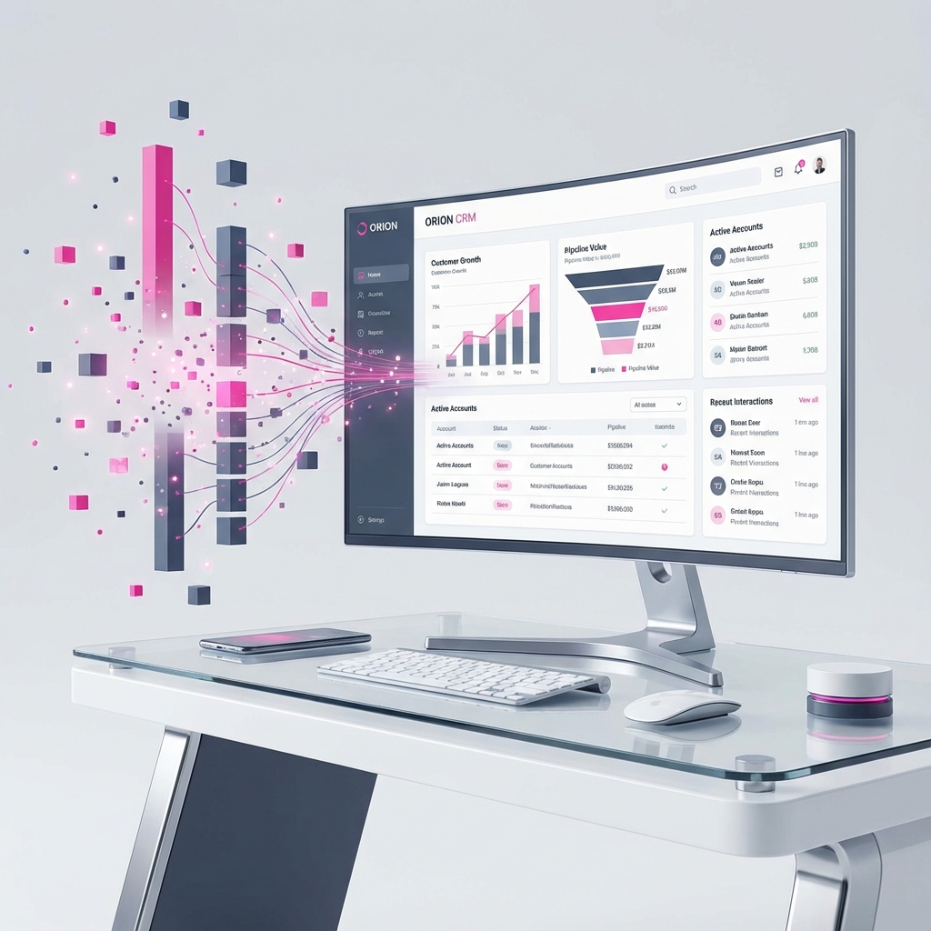 High-tech visualization of data merging into a clean CRM dashboard on a curved monitor, representing data organisation and clarity.