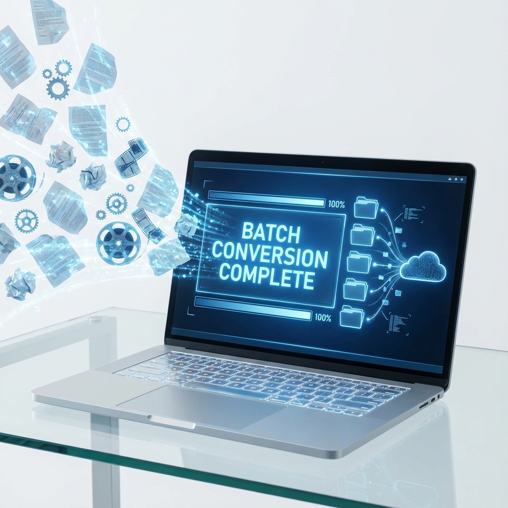 Conceptual futuristic laptop screen showing a 'Batch Conversion Complete' progress bar, with messy papers flying in and organising into digital folders.