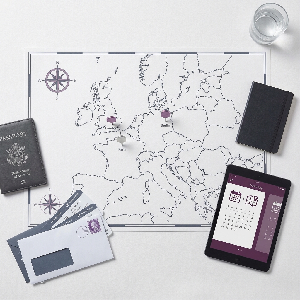 Flat-lay arrangement of a European map with pins in London, Paris, and Berlin, alongside a passport, flight tickets, and a tablet showing a travel itinerary app.