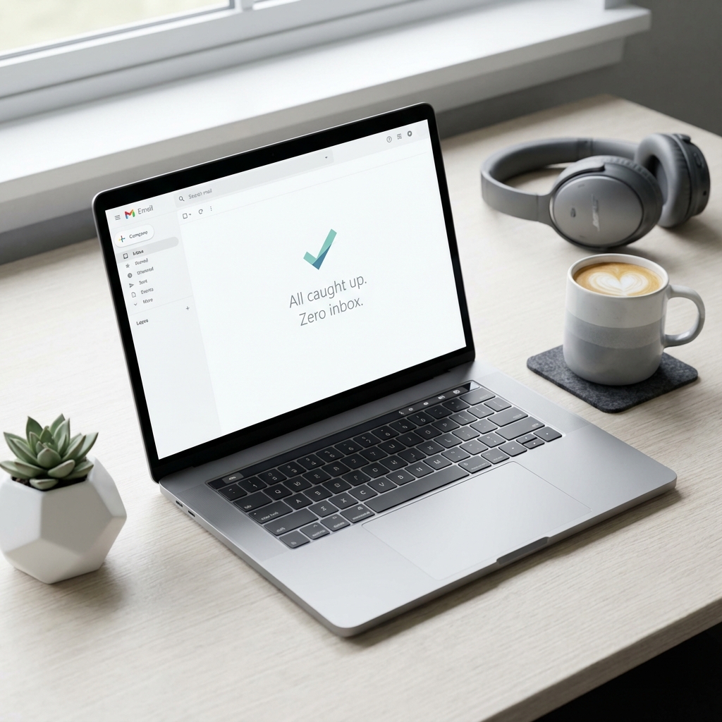 Laptop screen displaying a clean, empty inbox with a 'All caught up' success message, sitting on a minimalist white desk with a coffee cup and succulent.