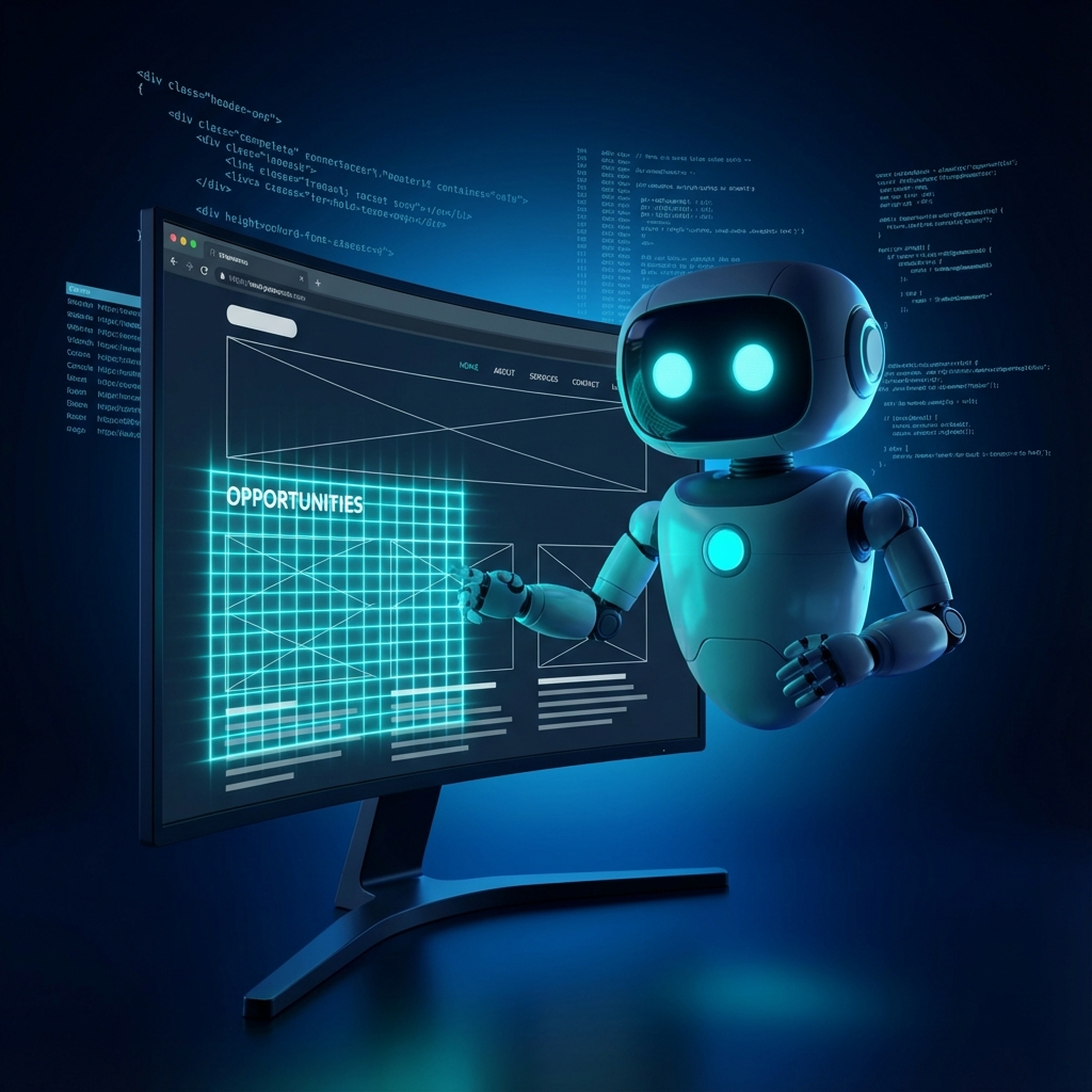 Futuristic robot arm pointing at a website wireframe on a screen, highlighting 'Opportunities' with a digital scanning effect.