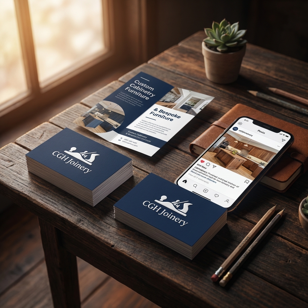 Branding materials for 'CGH Joinery' including navy blue business cards, a tri-fold flyer, and a smartphone displaying an Instagram post.