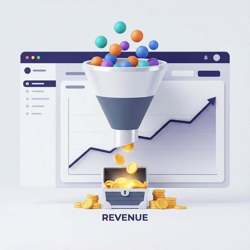 3D illustration of a sales funnel collecting colorful leads and converting them into gold coins, representing a revenue pipeline.