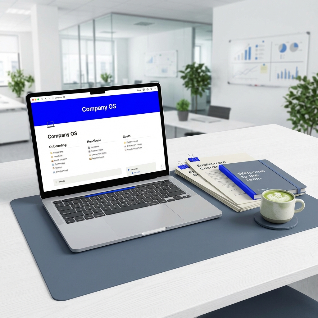 Laptop displaying a 'Company OS' Notion workspace, next to a stack of employment contracts and a 'Welcome to the Team' handbook.