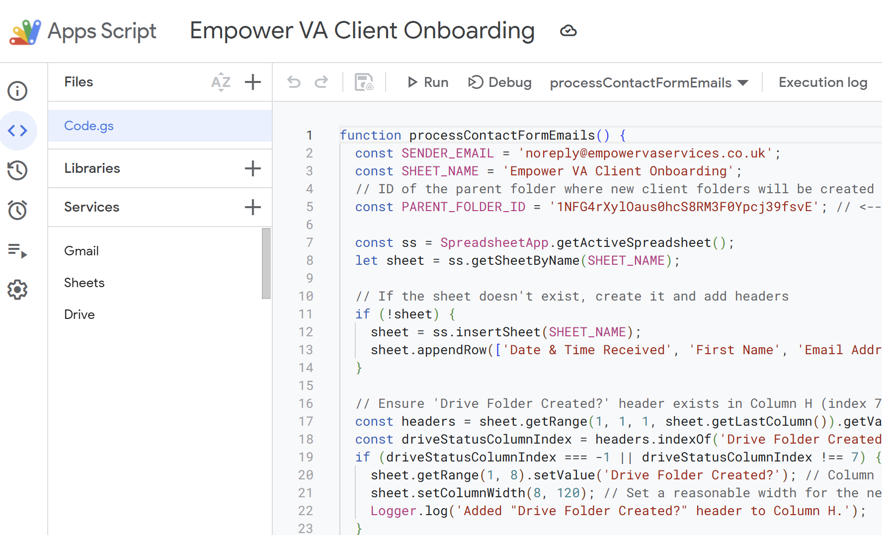 Screenshot of Google Apps Script code for email automation