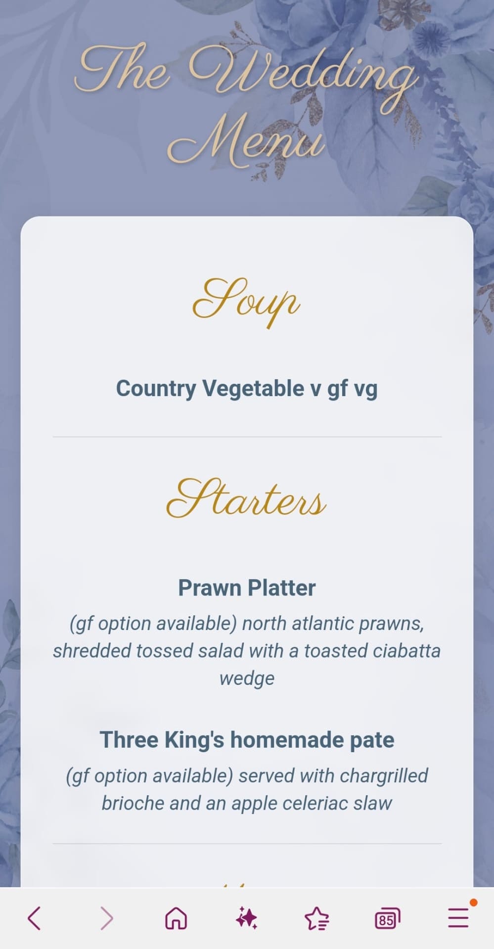 Screenshot of a beautifully designed wedding menu within the custom app.