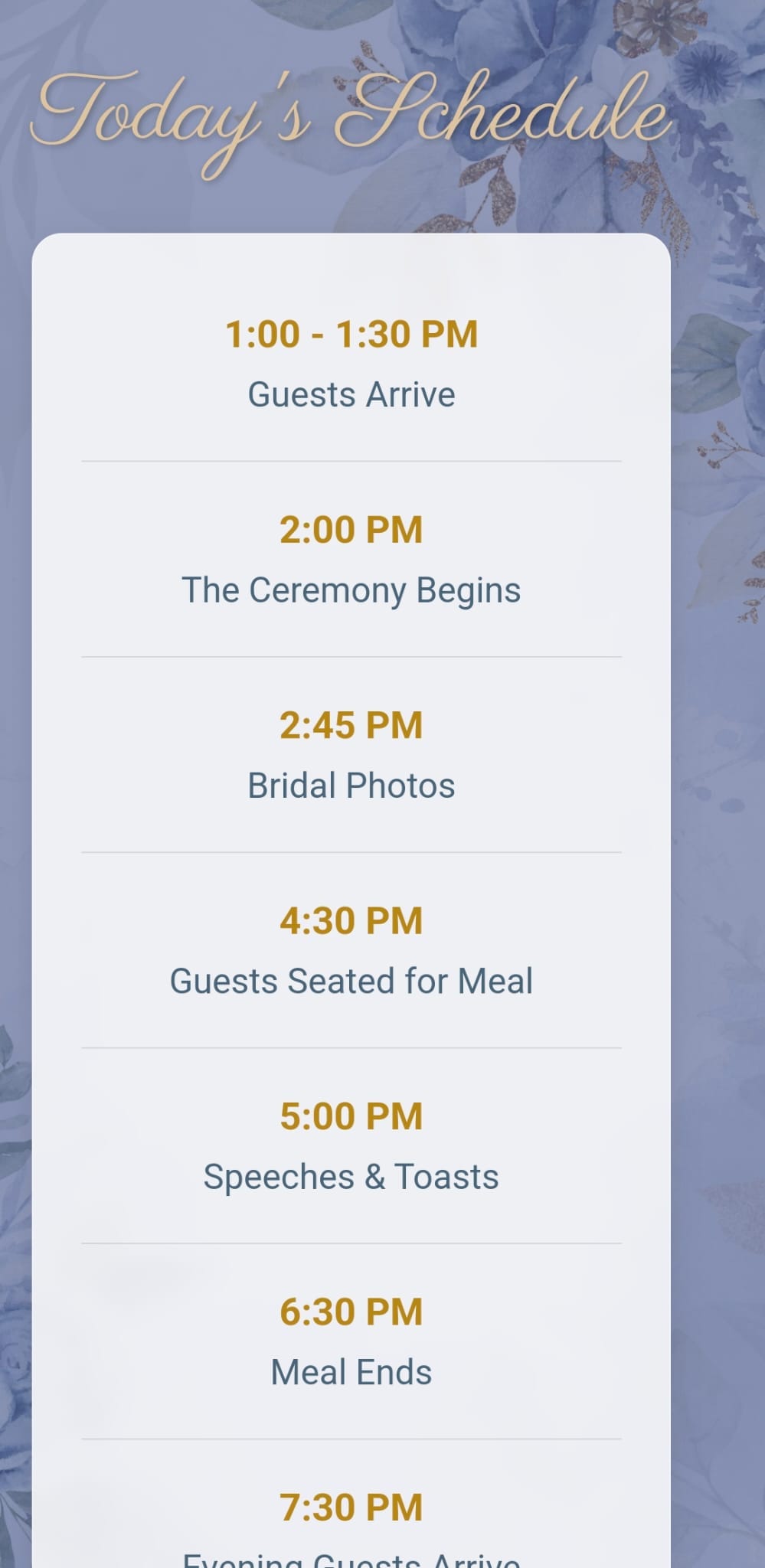 Screenshot of a custom wedding app's elegant event schedule timeline.