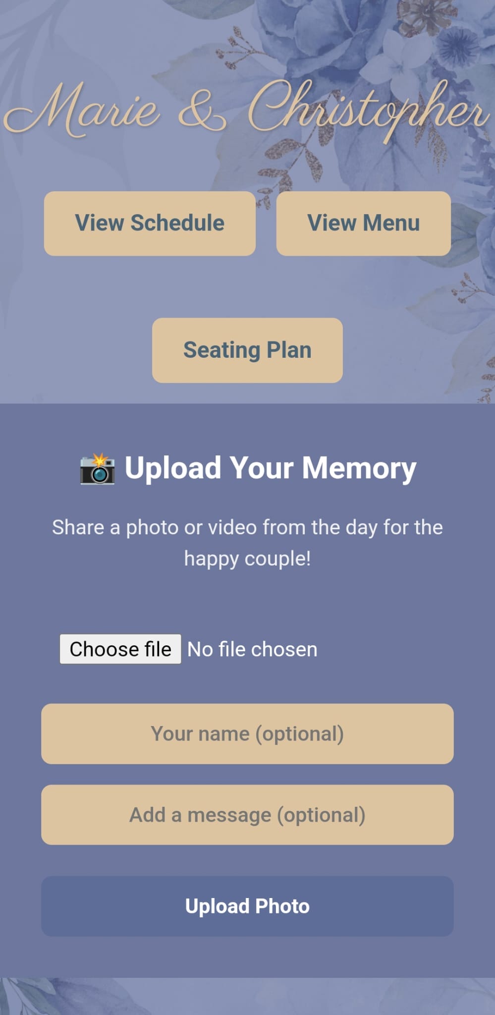Screenshot of a bespoke wedding app's photo and video upload page.