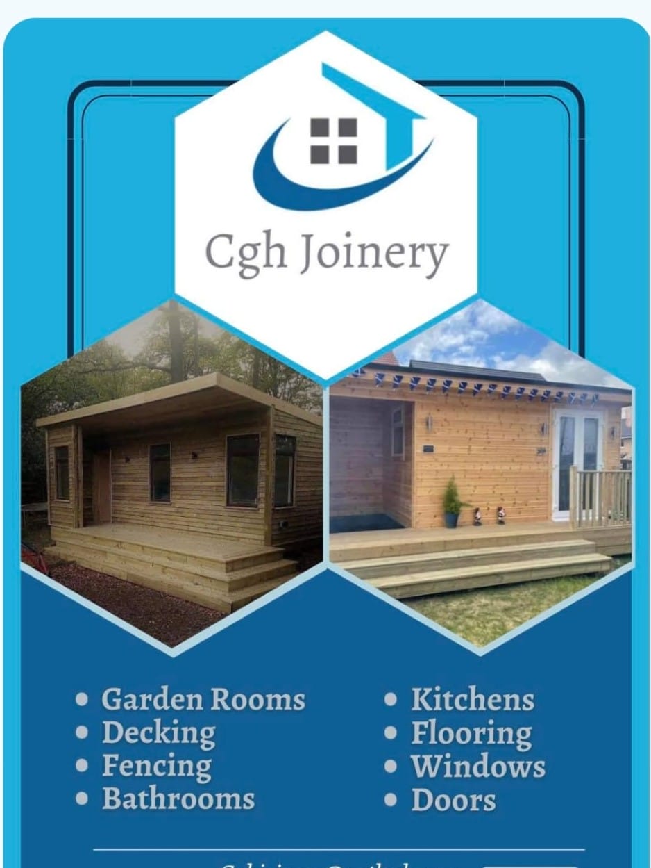 Cgh Joinery flyer design with a dark blue hexagonal pattern