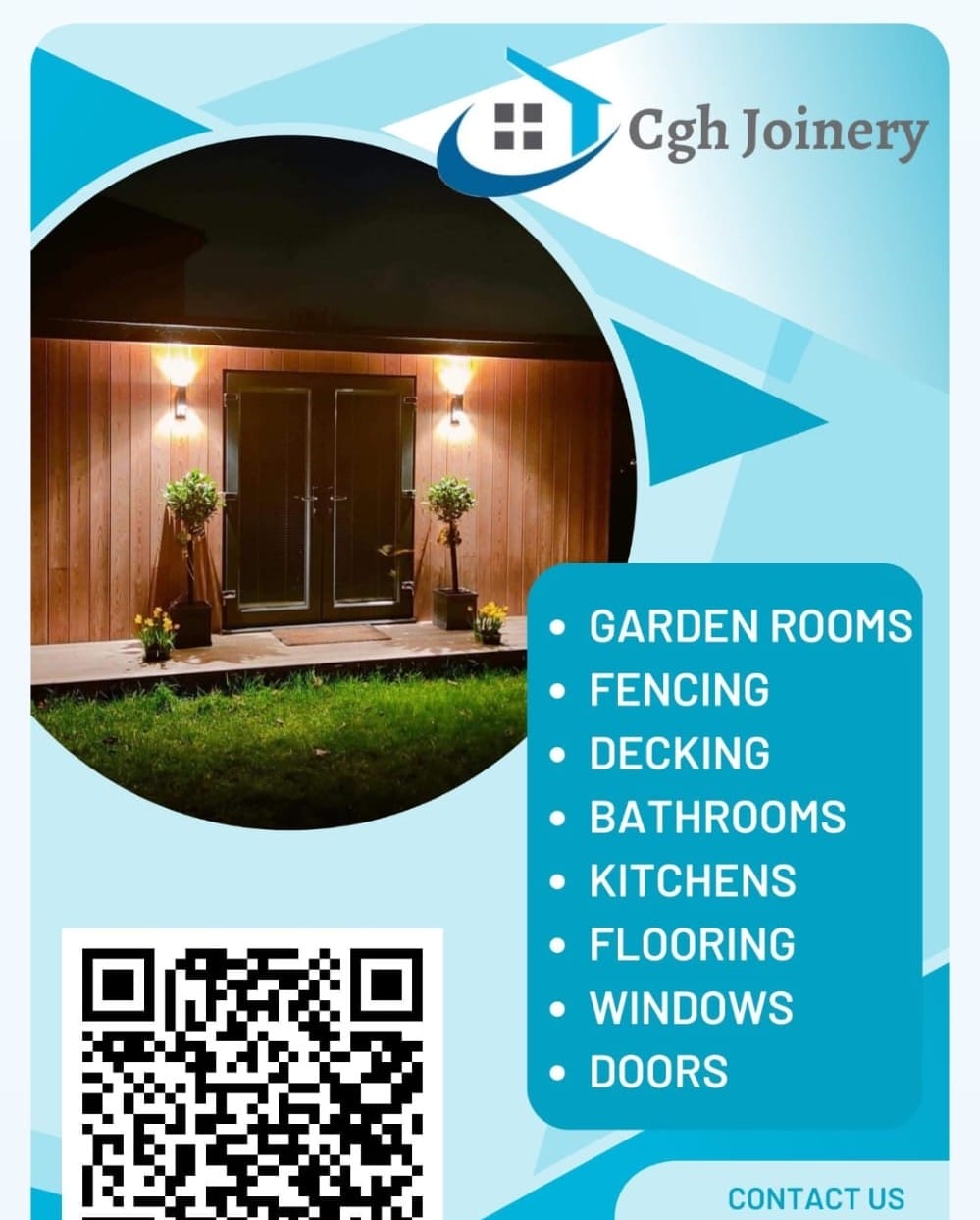 Cgh Joinery flyer with a light wood background and list of services